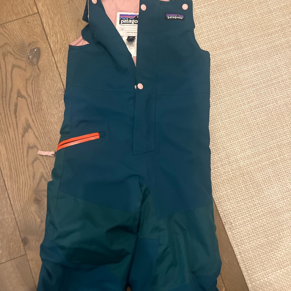 Patagonia Youth Teal Snow Bib with Pink and Orange Accents